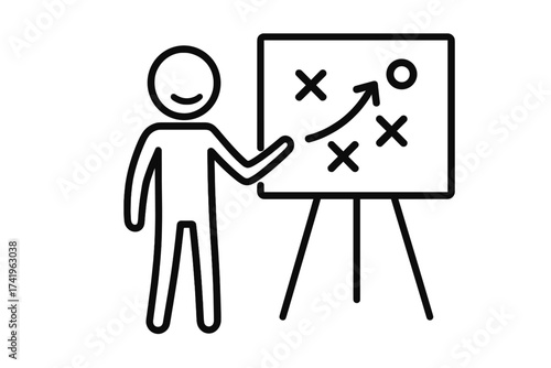 Stickman presenting a business plan. Strategy, planning, and tactics concept. Coach explaining game plan. Vector icon for success, goal, solution, and presentation.