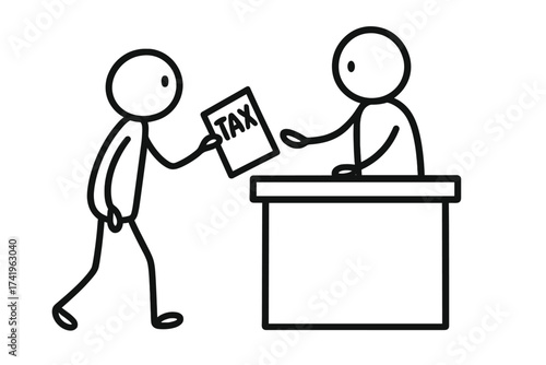 Stickman or stick figure paying tax at counter office. Taxpayer submits financial declaration. Vector doodle illustration of tax return, payment, duty, and bureaucracy.