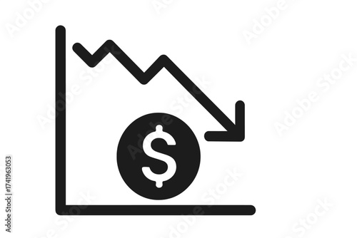 Financial crisis icon, economic recession, dollar drop. Decreasing graph, arrow down. Investment loss, market crash, inflation, bankruptcy business concept vector symbol.