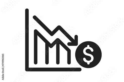 Financial crisis vector icon. Economic recession graph. Decrease, fall, drop, down arrow. Market crash, stocks loss symbol. Business bankruptcy. Money devaluation sign.