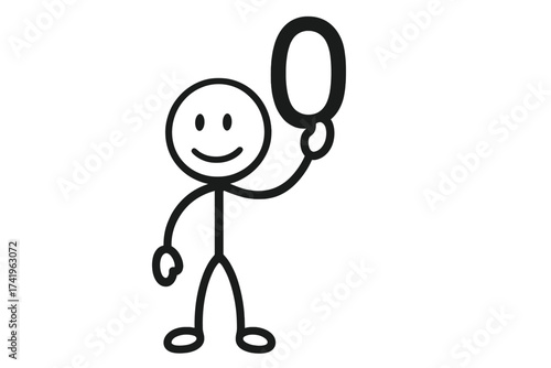 Stickman showing number 0. Cute stick figure holding digit zero. Concept for counting, math, education, nothing, null, or a new beginning. Isolated vector illustration.