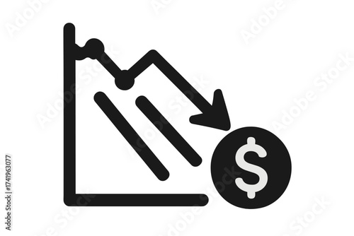 Financial crisis icon, economic recession chart. Market crash graph, investment loss, decreasing value. Dollar cost reduction, bankrupt, inflation rate, budget deficit vector.