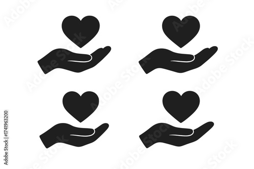 Hand holding heart icon set. Care, love, and compassion symbol. Vector illustration for charity, donation, health, and support. Philanthropy and volunteering concept glyph.