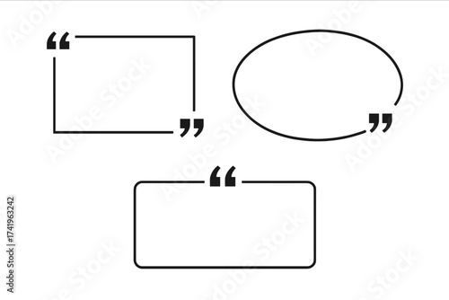 Set of empty quote box frames. Black quotation mark icons. Vector illustration for testimonials, comments, dialogue, and citations. Modern speech bubble graphic design elements.