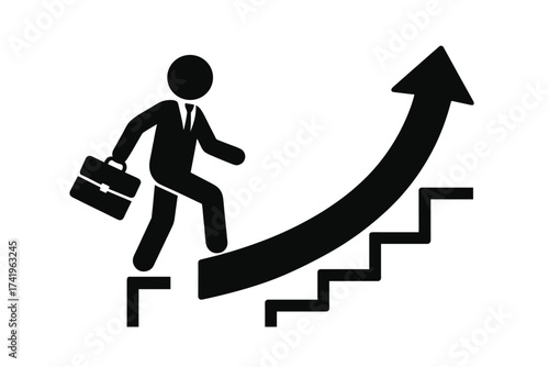 Career growth concept with a businessman walking up stairs that turn into a growth arrow. Symbol of success, promotion, ambition, and career path. Vector business icon.