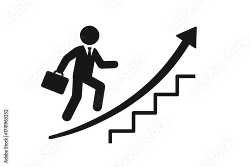 Career growth symbol with a businessman walking up the stairs. Stickman on the career ladder path. Successful business concept vector illustration. Progress, development, achievement.