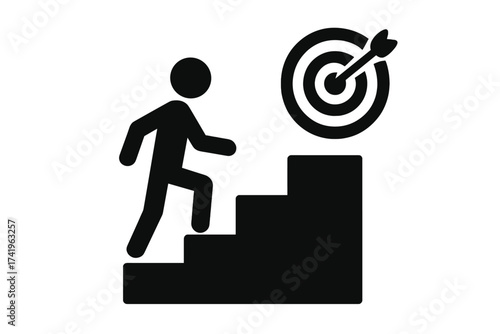 Man walking up stairs to goal target icon. Business success and career growth concept. Metaphor for achievement, progress, motivation, ambition, and reaching objectives.