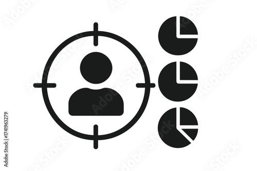 Target audience segmentation for marketing strategy. Customer analysis and market research with consumer data analytics. User profile icon in crosshairs with pie chart diagram.