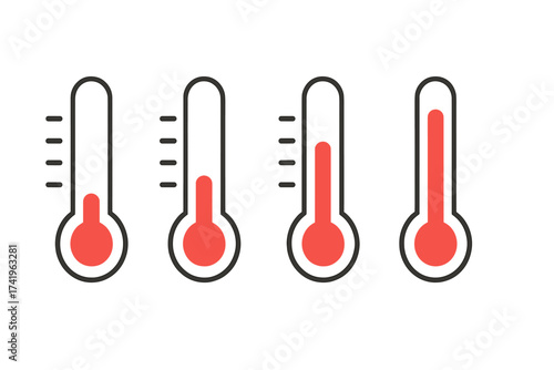 Thermometer icon set vector illustration. Temperature symbol collection. Hot and cold weather indicator. Climate measurement scale. Goal progress meter. Fundraising level.