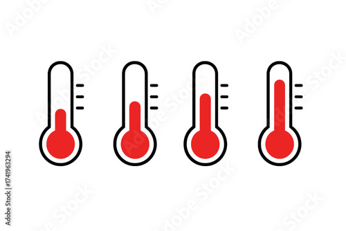 Thermometer icon set vector. Temperature symbol with different levels. Weather forecast element. Hot and cold indicator. Medical fever measurement. Goal progress concept.