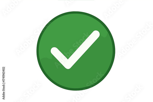 Green tick button, checkmark icon. Vector done symbol. Correct, success, approved, yes sign. OK in circle for vote, checklist, survey. UI element. Task complete, confirmation.