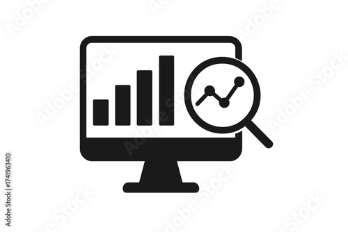 Web analytics icon for data analysis and business intelligence. Computer monitor with chart for market research report. Magnifying glass over growth graph. Performance metric.