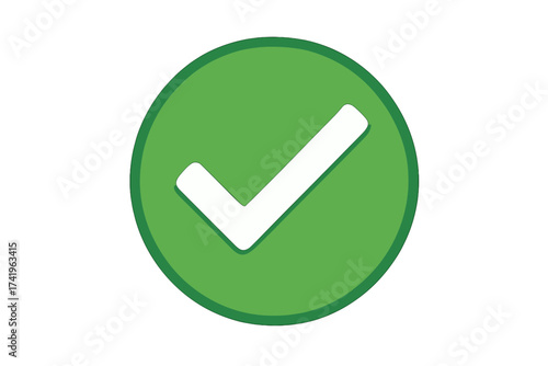 Green check mark, tick icon. Yes button for correct vote, approved decision. OK sign for success, complete, done. Flat vector illustration isolated on white background.