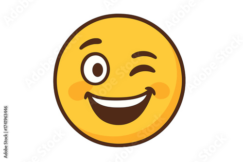 Winking face emoji vector icon. Funny yellow cartoon character emoticon. Happy smile expression. Isolated graphic design element for chat. Playful positive emotion symbol.