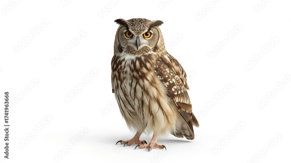 Naklejka premium Realistic Owl on White Background – Sharp Wildlife Stock Image