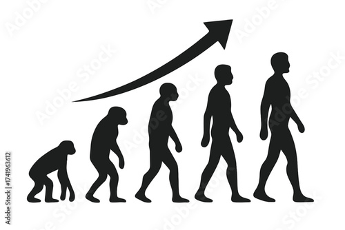 Human evolution from monkey to man with growth arrow. Concept of business development, career progress, and personal success. Vector icon for history, science and anthropology.