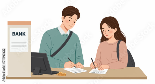 Two young people signing documents at a bank counter, illustrating a financial transaction or account opening.