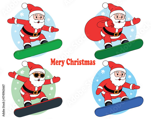 Set of Santa Claus characters snowboarding cartoon vector illustration for Christmas holiday isolated on white background