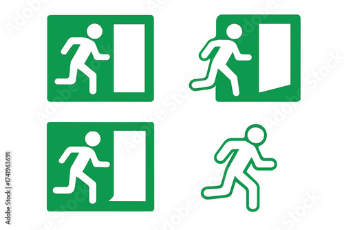 Emergency exit sign set. Running man icon collection. Fire escape safety symbol. Green evacuation pictogram. Way out signage vector illustration for public spaces and buildings.