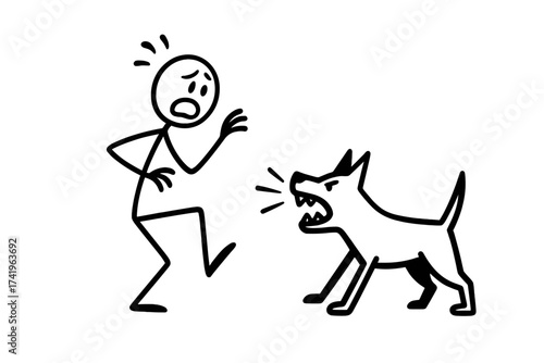 Dog attack vector of an angry canine barking at a scared person. Hand drawn stick figure illustration showing fear and danger. Cynophobia and animal aggression concept.