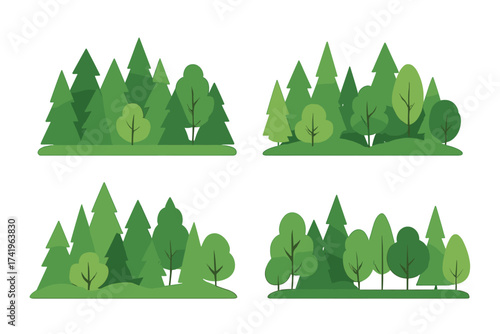 Forest tree line vector set. Flat design landscape illustration. Green wood, park, and nature elements. Pine, fir, and spruce tree collection on transparent background.