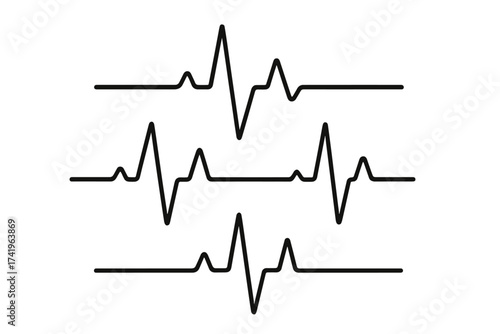 Heartbeat pulse line vector icon set. EKG and ECG cardio wave graph for medical health care. Cardiology rhythm symbol and heart rate monitor display graphic illustration.