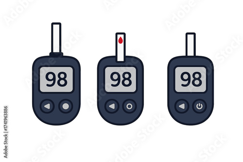 Glucometer vector icon set for glycemic measurement. Blood sugar level test. Glucose monitor illustration for diabetes. Medical diagnostic equipment with normal glucose display.