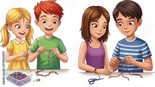 Children making bead jewelry and friendship bracelets, colorful craft activity, teamwork, creativity, learning skills, lifestyle concept, cad drawing flat vector illustration