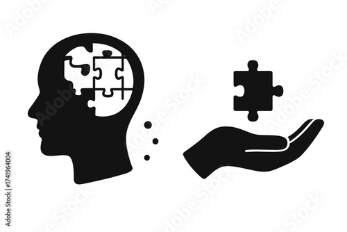 Psychology concept with human head and puzzle pieces. Mental health, memory loss, and therapy icon. Hand offering a jigsaw piece as a solution for brain problems. Vector.