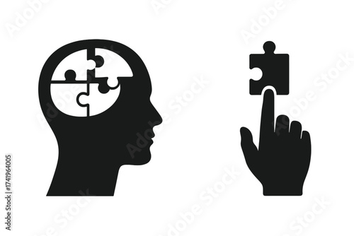 Psychology concept with head and puzzle piece. Mental health, memory loss, dementia, Alzheimer's. Problem solving & therapy. Logic, mind, brain. Jigsaw solution icon vector.