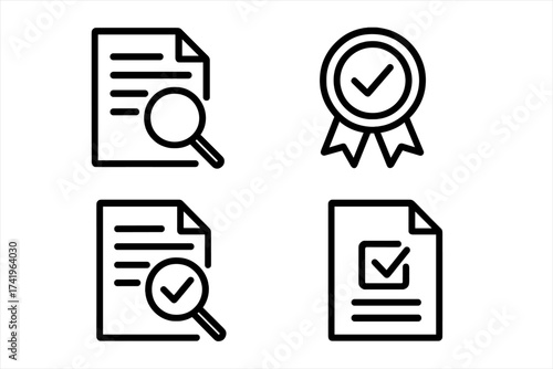 Compliance document and quality control icon set. Vector icons for concepts like inspection, certification, review, and approval. Audit, guarantee, and standard symbols.