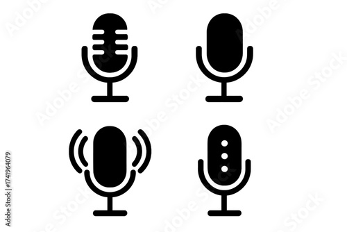 Microphone vector icon set. Audio record symbol collection. Mic glyph for podcast, broadcast, and studio. Voice recording pictogram. Sound and speech communication sign.