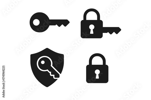 Key and lock icon set for security and protection concepts. Vector illustration of padlock, keyhole, and shield symbols. For access, privacy, and data safety design elements.