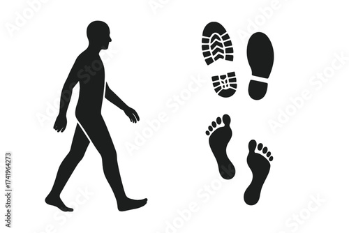 Man walking silhouette with barefoot and shoe footprint vector set. Human step and foot trace icon collection. Walker journey symbol. Bare foot and boot print illustration.