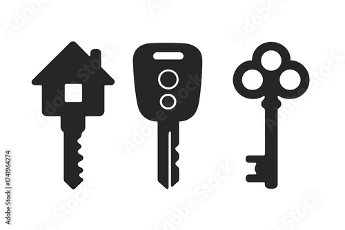 Keys icon set vector illustration. House key for real estate and home. Car key for automotive and transport. Old vintage key for secrets, solutions, and security concepts.
