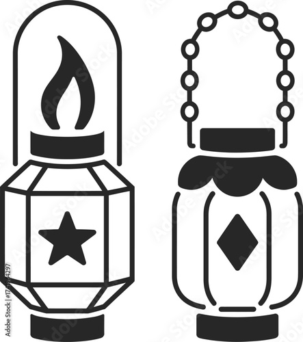 Two vintage kerosene lamps in black silhouette on transparent background