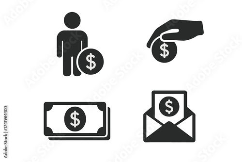 Money icon set for income, salary, and earnings. Vector glyphs showing payment, cash, donation, and wage concepts. Financial pictograms for business, banking, and budget.