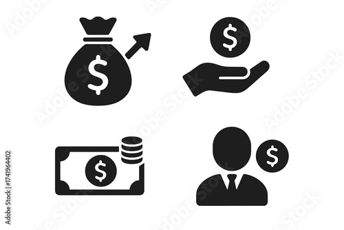 Vector icon set for finance and business. Concepts of income growth, salary, earnings, and investment profit. Money bag, cash payment, and businessman financial symbols.