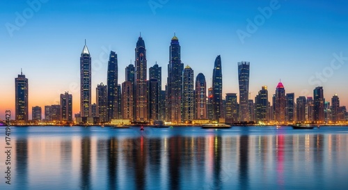 City skyline at twilight featuring numerous illuminated skyscrapers reflected in calm water under a sky transitioning from orange to blue