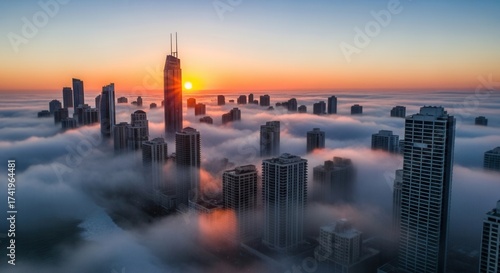 City skyline buildings emerge from a dense cloud layer as the sun rises casting an orange glow across the sky and reflecting on structures