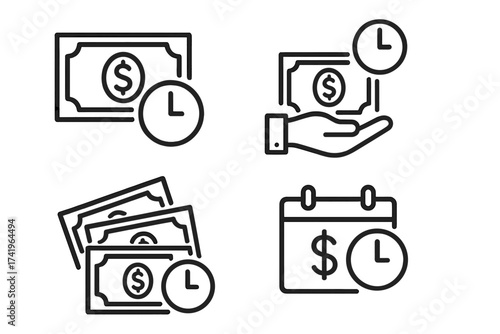 Installment payment icon set. Loan schedule and payment plan vector. Recurring financial transaction symbol. Annuity, credit, debt deadline. Money and time concept line icon.