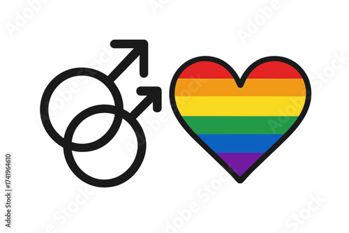 Gay couple symbol with rainbow heart vector. Homosexual love and relationship icon. LGBT pride flag colors. Male gender signs. Same-sex marriage equality logo concept design.