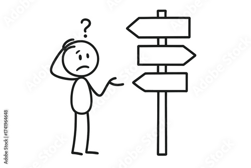Confused stickman at crossroads making a choice. Lost character with question mark looking at signpost. Concept of dilemma, uncertainty, direction, and business decision.
