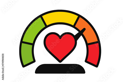 Love meter test vector illustration. Passion gauge with heart icon. Relationship satisfaction level. Emotion scale from low to high. Speedometer indicator for Valentine's day.