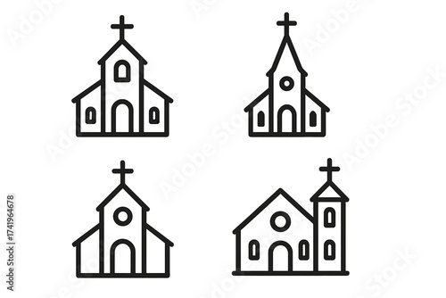 Church icon set. Christian faith and religion building outline symbols. Chapel vector collection for web and graphic design. Simple spiritual worship place pictogram illustration.