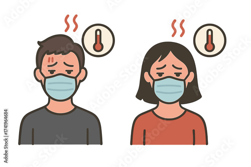 Man and woman characters with face mask and high temperature. Sick couple with fever, flu symptoms. Thermometer icon vector for pandemic, virus, illness, medical concepts.