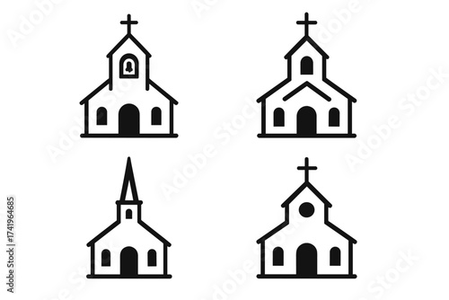 Church icon set. Christian religion building symbol. Vector illustration of a simple chapel with a cross for faith, worship, and prayer concepts. Minimalist outline pictogram.