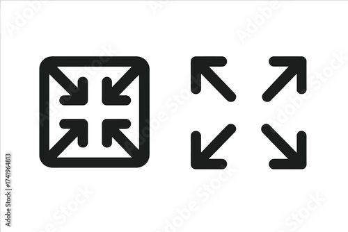 Full screen and exit full screen icon set. Maximize, minimize, expand, collapse arrow symbols. UI, UX interface button collection for web, app, video player. Vector design.