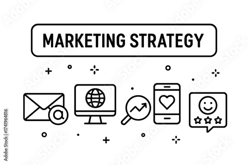 Marketing strategy banner with key digital marketing icons. Includes email marketing, online presence, SEO for business growth, social media management, and customer review management.