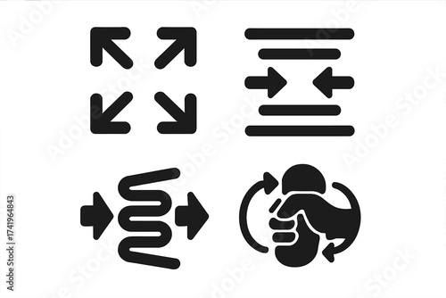 Minimize, compress, flexible, squeeze icon set. Concept of reduction, pressure, simplification. Resize, exit fullscreen symbol. Hand wringing sponge. Data compression and optimization.